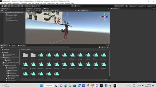 Screenshot of a computer screen showing a 3D game development environment with objects, a character, and a folder of assets.