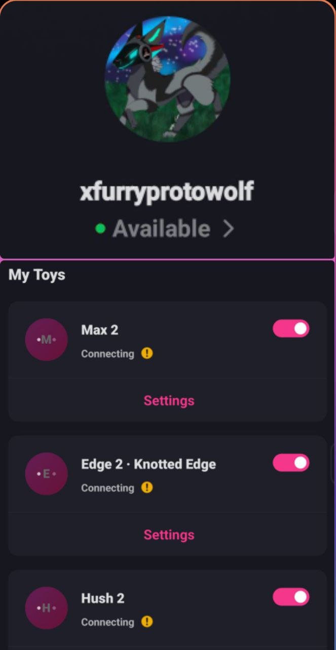 Screenshot of a mobile app displaying a user profile with the username 'xfurryprotowolf' and online status, along with a list of toy devices labeled 'My Toys' with names 'Max 2', 'Edge 2 - Knotted Edge', and 'Hush 2', all connecting with yellow warni