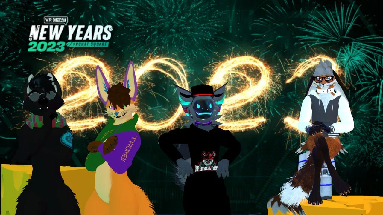 Four anthropomorphic animal characters at a New Year's celebration with fireworks, standing in front of a digital display that reads '2023' and 'New Years 2023'.