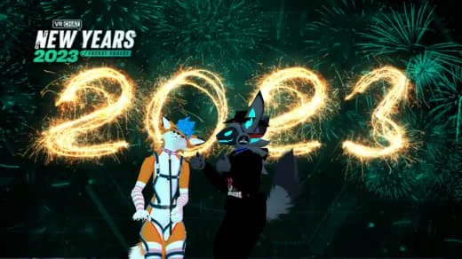 Cartoon characters with fireworks and a sign that says 'Happy New Year 2023' and 'New Years 2023' in the background.