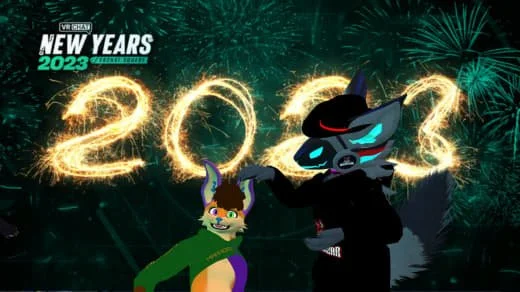 Furry characters celebrating New Year's 2023 with fireworks and the number 2023 displayed in sparks.