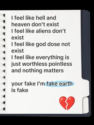 Notepad page with handwritten lyrics expressing feelings of nihilism, mentioning hell, heaven, aliens, God, and the phrase "fake earth" highlighted in blue, with a broken heart emoji at the bottom.