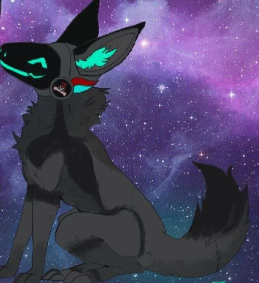 Cartoon black fox with neon blue and red accents, sitting in front of a starry galaxy background.