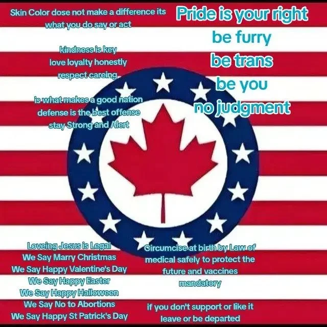 A patriotic poster with an American flag background and a Canadian maple leaf emblem in the center, containing various messages about pride, kindness, respect, and social issues in different colored text.