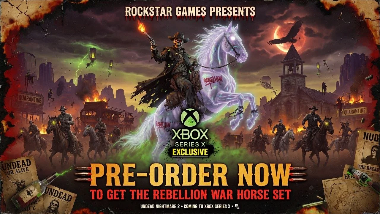 A promotional poster for a video game shows a skeleton cowboy wearing a hat, riding a glowing white horse in a dark, apocalyptic landscape. The scene includes crossed bullets, maps, and bottles, with ominous clouds, a full moon, and silhouettes of zo