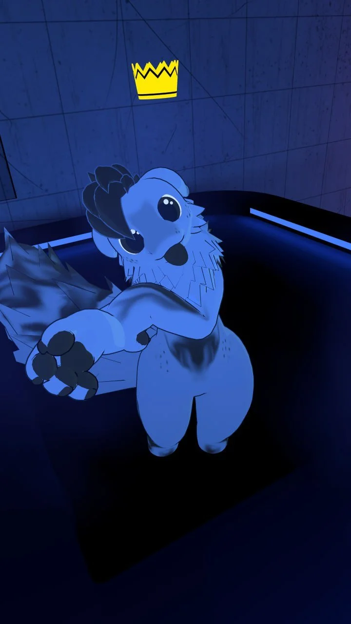 A cartoon lion with a crown floating above its head, reaching out with one paw, in a dark room with blue lighting.
