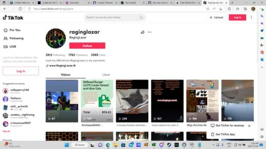 Screenshot of a TikTok profile page for a user named 'raginglazar' with 17K following, 7.9K followers, and 2.5K likes. The profile has a colorful circular icon, a 'Follow' button, and displays several video thumbnails.