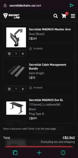 Screenshot of an online shopping cart from secretlabchairs.ca showcasing gaming chair accessories, including a MAGNUS Monitor Arm, Cable Management Bundle, and MAGNUS Evo XL gaming chair.