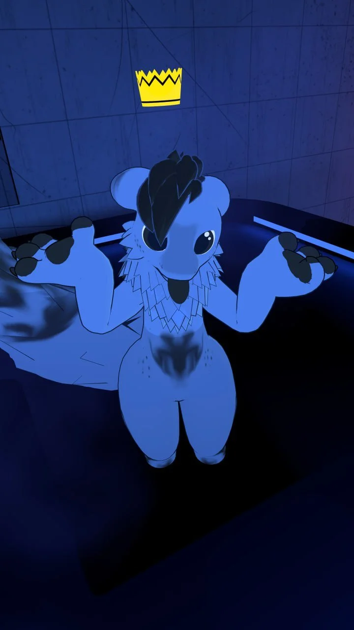 Cartoon bear character with a mane, standing in a room with blacklight effects, raising paws, with a yellow crown symbol glowing on the wall behind.