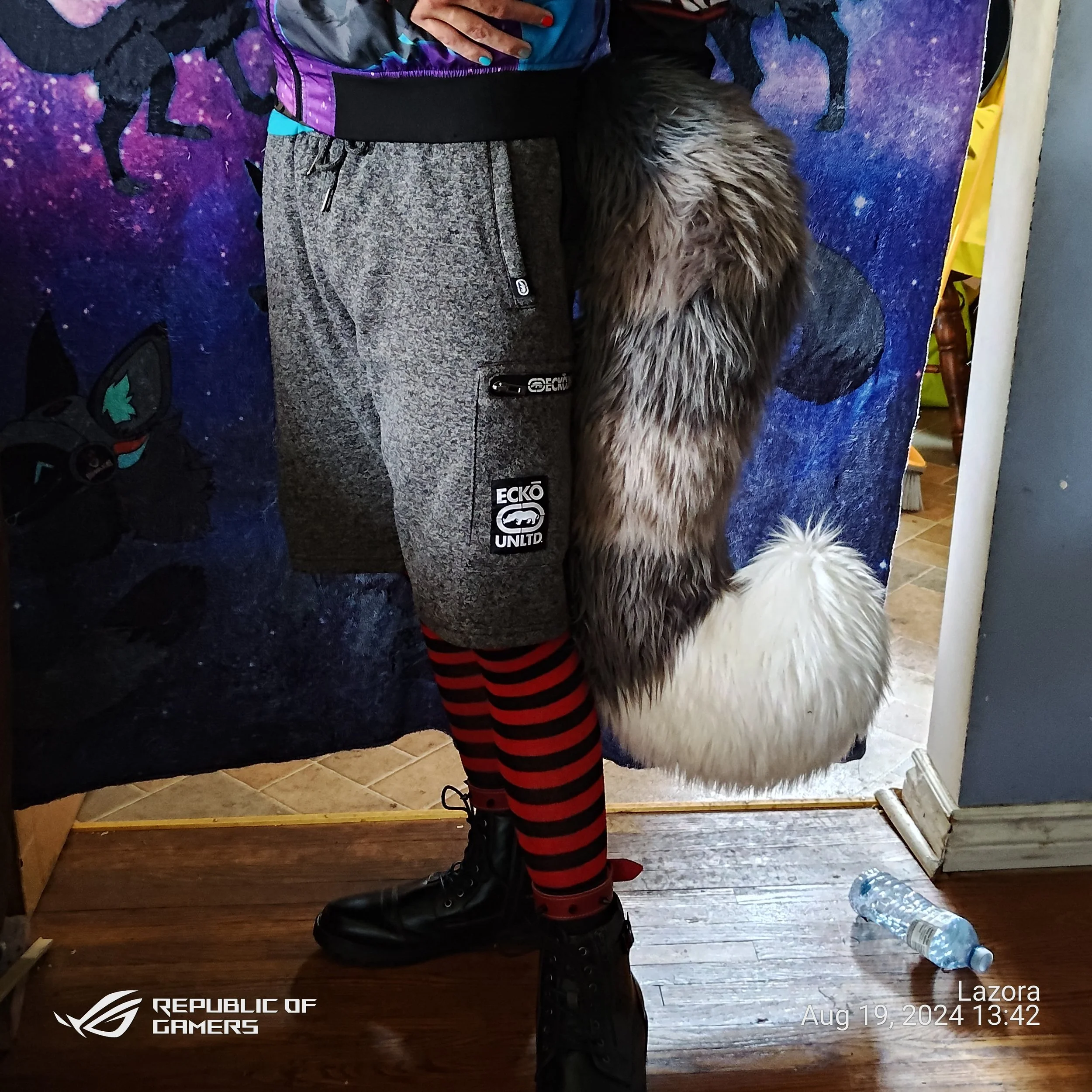 Person standing indoors next to a wooden wall, wearing a black jacket with purple accents and gray sweatpants, with one hand showing multi-colored painted nails, beside a large furry dog with gray and black fur and a white tail, and a plastic water b