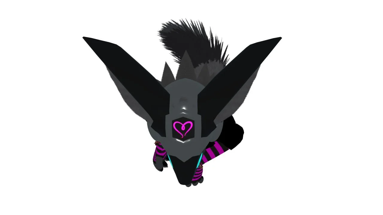 A stylized, cartoon-like black creature with large ears, neon pink heart-shaped nose, and purple and black striped arms, standing against a plain white background.