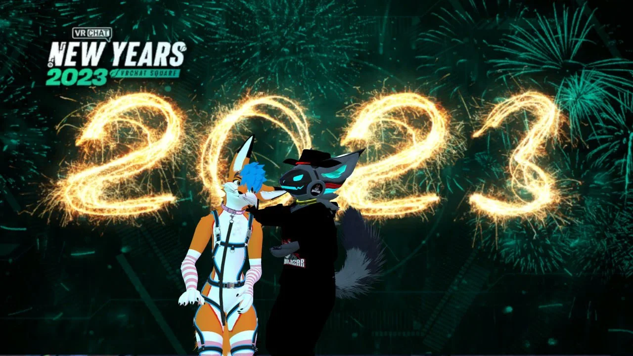 Digital New Year's Eve celebration with two anthropomorphic fox characters in costumes, fireworks in the background, and the year 2023 displayed prominently.