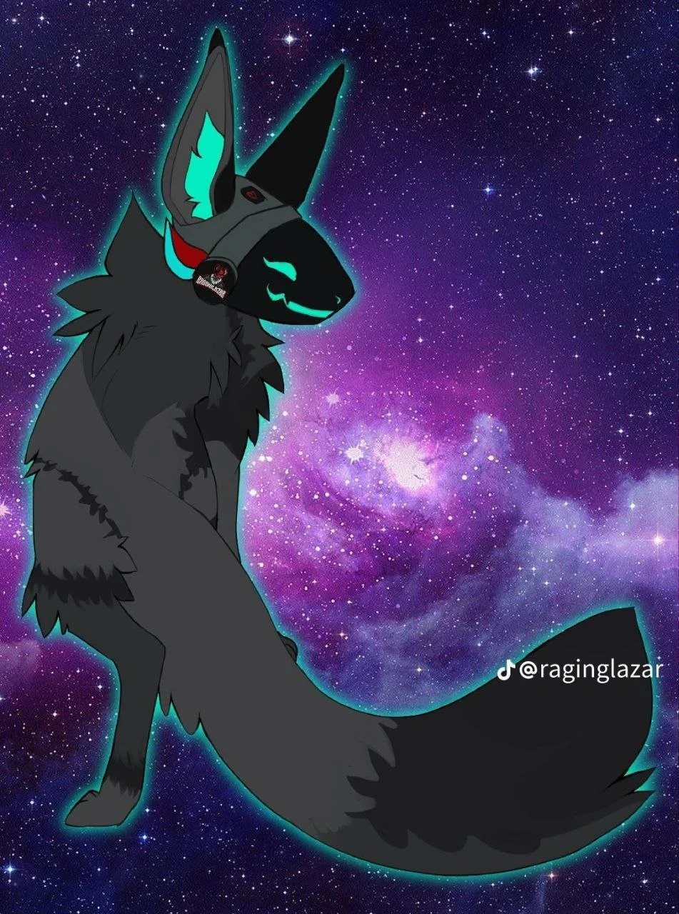 A stylized anthropomorphic fox with a dark gray and black fur sitting against a purple cosmic background, wearing a virtual reality headset.