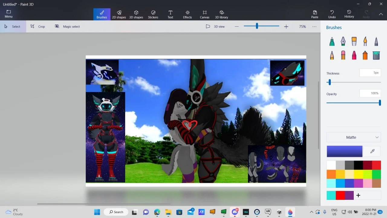Digital art featuring two anthropomorphic characters, possibly wolves or foxes, embracing outdoors under a cloudy sky, with three smaller character images on the sides showcasing different outfits and settings.