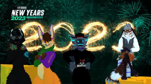 Four animated anthropomorphic characters celebrating New Year's 2023 with fireworks in the background.