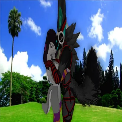 Animated characters from Sonic the Hedgehog hugging in a park with green grass, trees, a palm tree, and a blue sky with clouds.