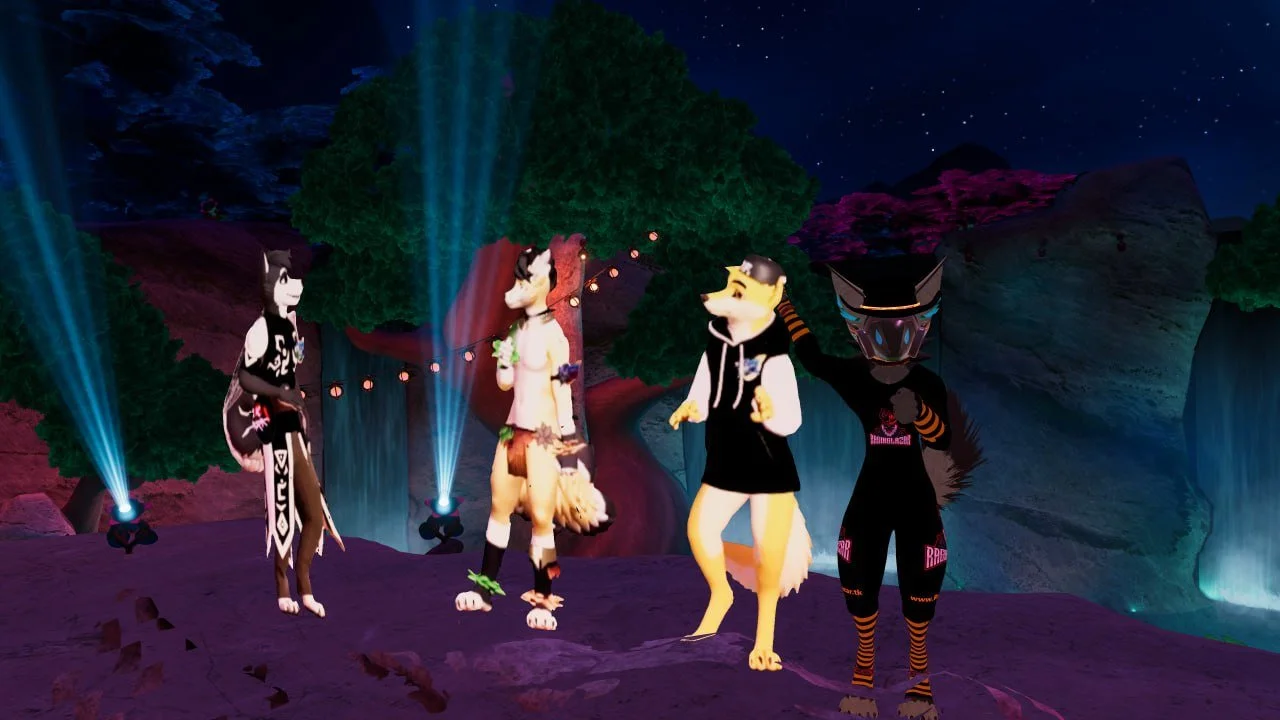 Four anthropomorphic animal characters dancing at night, with waterfalls, trees, and starry sky in the background.