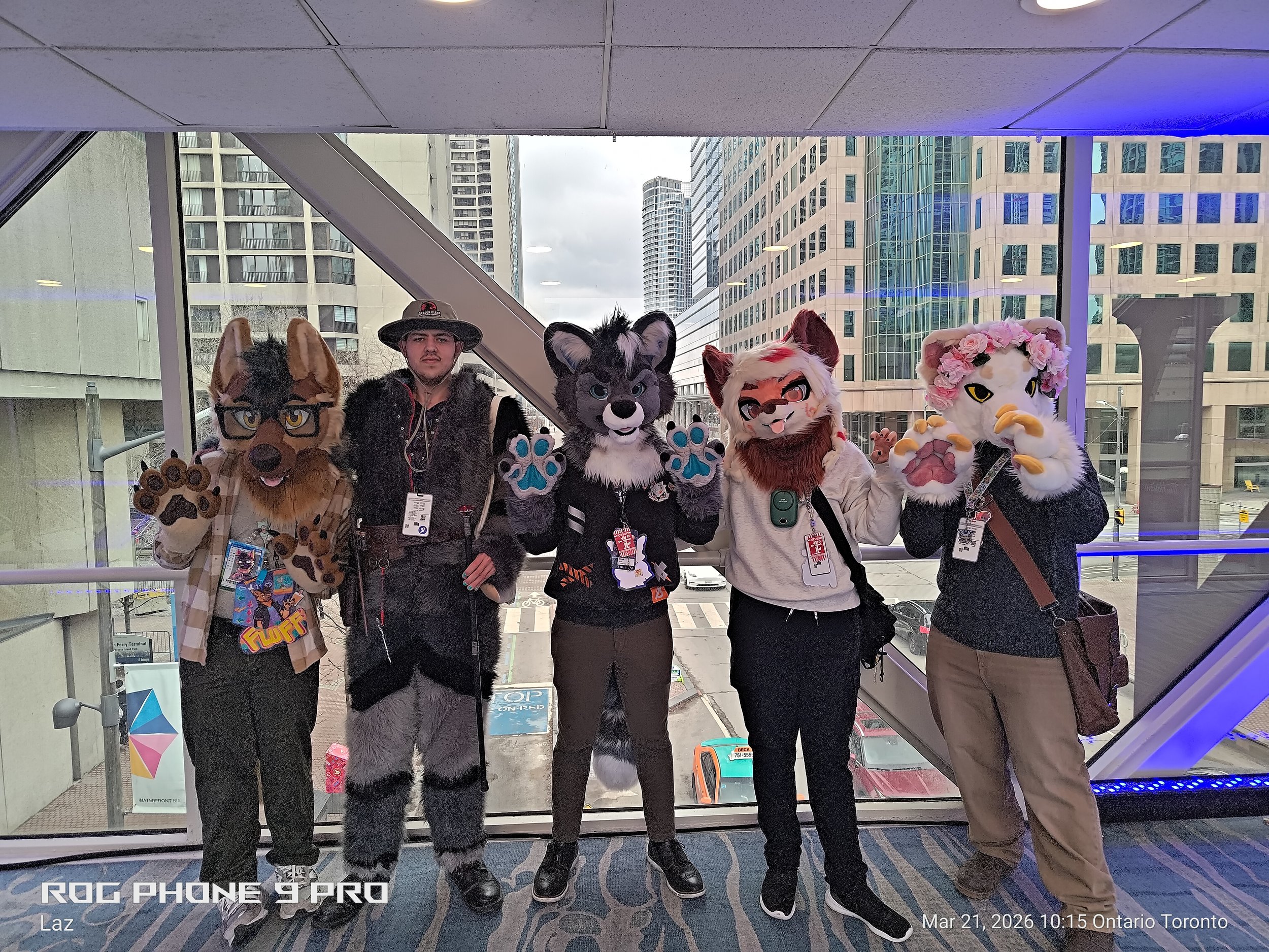 Four people dressed in colorful animal costumes with paws, standing in front of large windows inside a city building. The costumes include a dog with glasses, a black wolf, a feline with red markings, and a head with flowers and a beak resembling a b