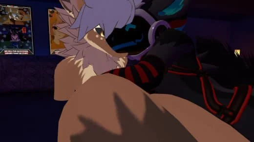Anthropomorphic wolf character with purple hair and headphones sitting on a bed in a dark room, with a computer monitor displaying a social media feed in the background.
