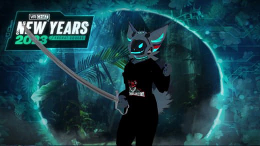 A digital graphic featuring an anthropomorphic black cat character with glowing blue eyes, holding a sword, set against a jungle background with a large digital moon. Text reads 'VR Chat New Years 2023'.