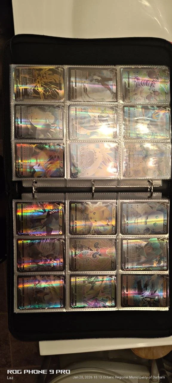 A collection of Pokémon trading cards in a binder, arranged in a 3x4 grid on each page, with shiny holographic effects visible.