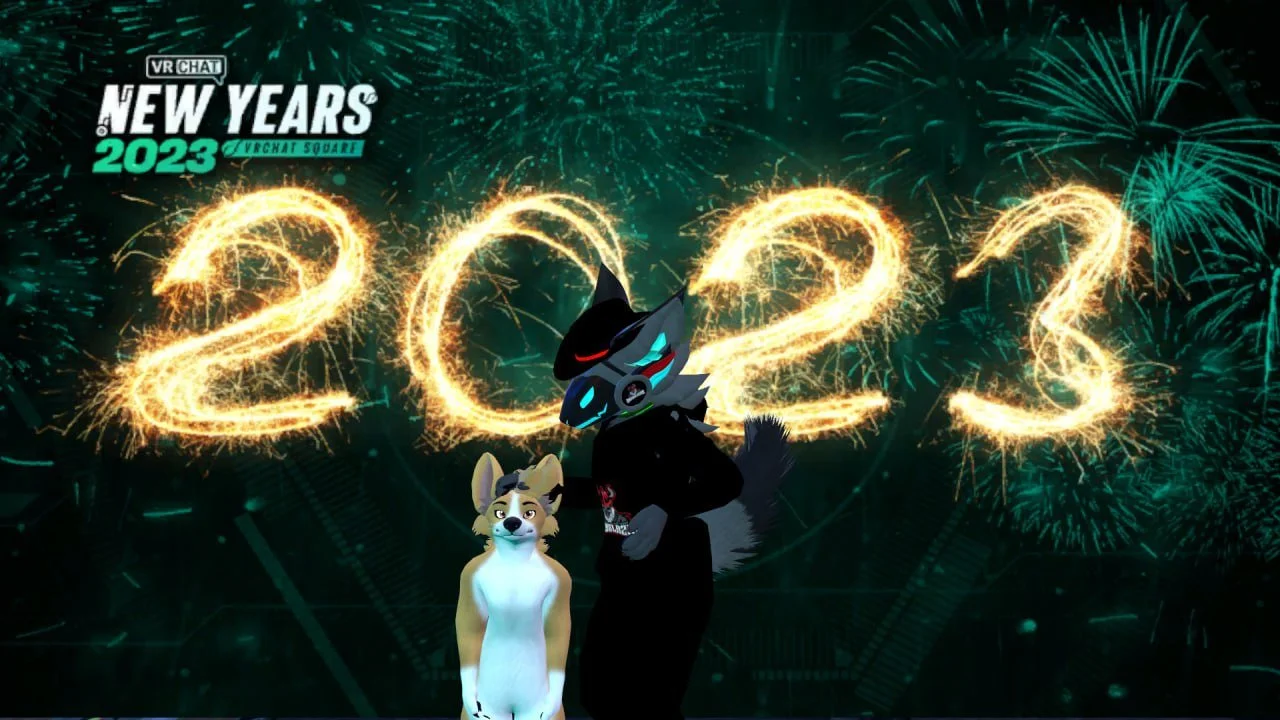 Fireworks display with the numbers 2023 for New Year's celebration, featuring two animated wolf mascots in front of the display.