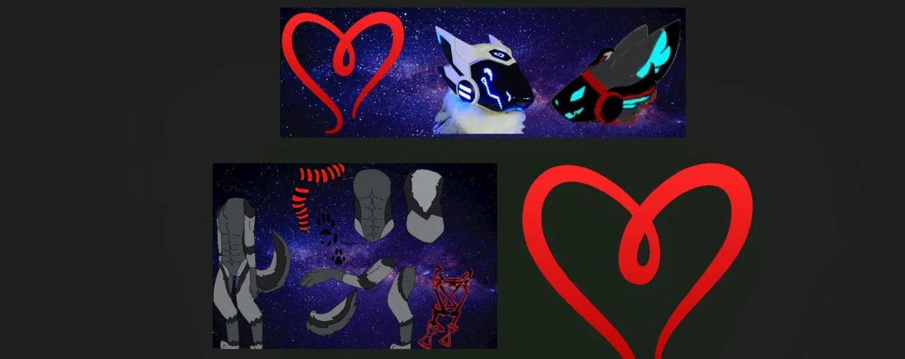 Digital illustration featuring two animated characters resembling robotic or sci-fi animals, surrounded by red interactive heart-shaped symbols and a backdrop of a starry galaxy. A smaller animated character is also featured.