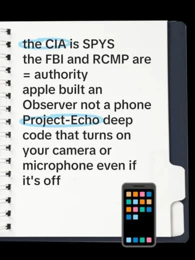 Notebook page with handwritten notes about the CIA, FBI, RCMP, and Project Echo, and a small illustration of a smartphone at the bottom.