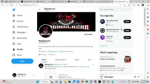 Screenshot of a Facebook profile page for RagingLazar, with a dark-themed cover photo featuring a stylized logo and a digital illustration of a creature with tentacles and a punk style, along with profile and navigation sections.