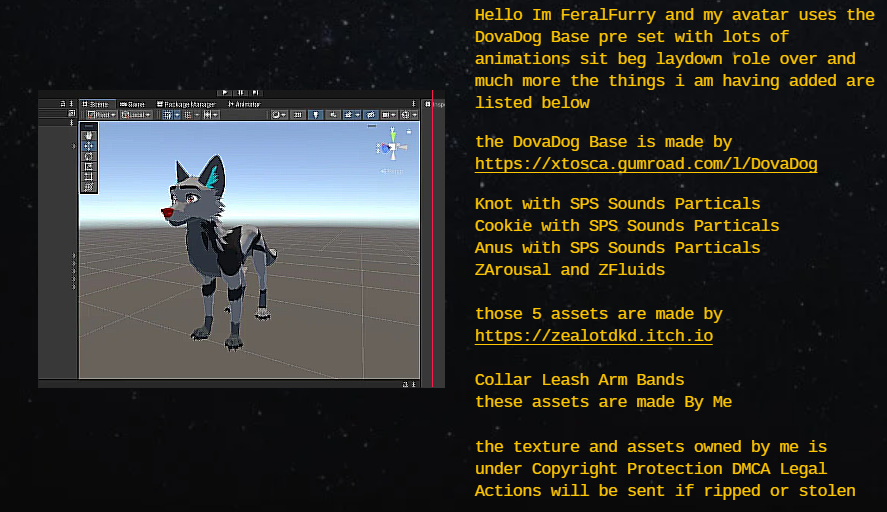 Screenshot of a 3D modeling software showing a virtual wolf character with blue and gray fur, standing in a virtual environment. Text notes on the right side describe assets, assets creation sources, and details about the avatar and customization items.