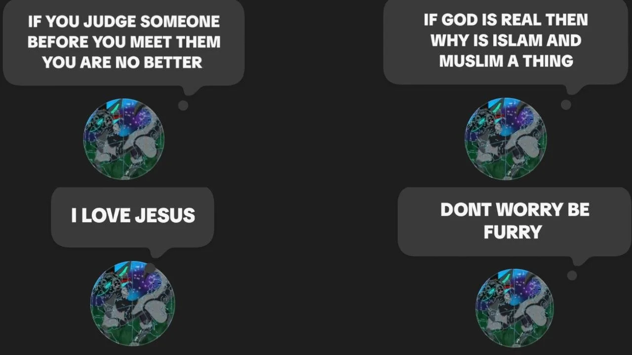 A cartoon planet Earth with speech bubbles containing humorous and religious quotes, including 'If you judge someone before you meet them you are no better,' 'I love Jesus,' 'If God is real then why is Islam and Muslim a thing,' and 'Don't worry be f