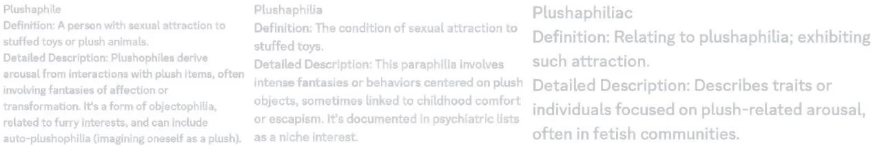 A digital screen displaying definitions and descriptions related to plushophilia, a sexual attraction to stuffed toys, with sections outlined by faint lines and light text on a light background.