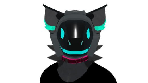 A digital illustration of a black, anthropomorphic animal character with glowing teal accents on ears and eyes, wearing a pink collar.