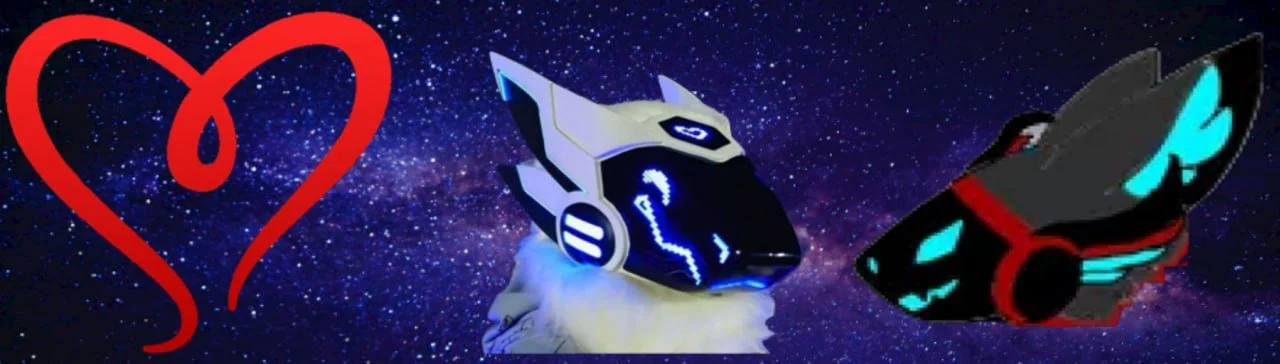 A digital illustration featuring a red heart shape on the left, a futuristic robot dog with glowing blue accents and a visor in the center, and a black robotic fox with blue markings on the right, all set against a starry space background.