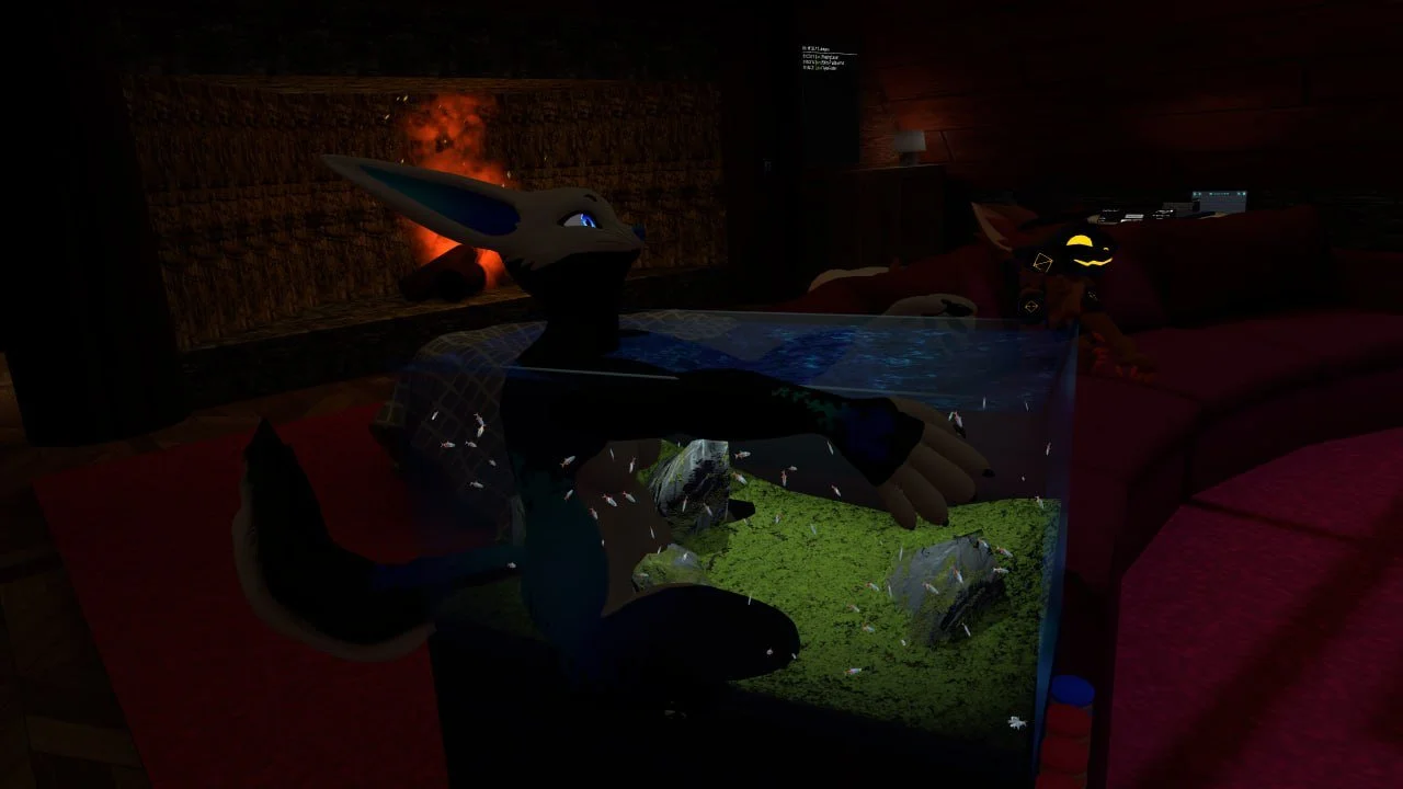 A digital screen displays two anthropomorphic animal characters in a dimly lit room. One character resembles an aquatic creature with large ears, blue eyes, and a glowing fin, standing behind a glass tank filled with water and fish. The other charact