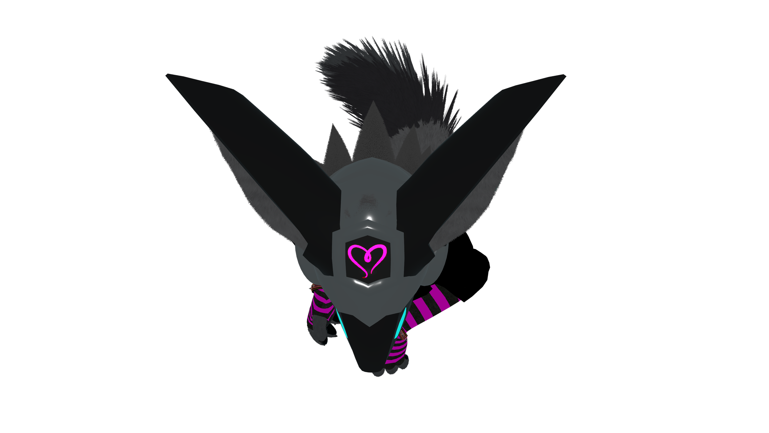 A digital character resembling a robotic wolf with black and purple striped clothing, glowing pink heart-shaped symbol on its forehead, and surrounded by dark space.