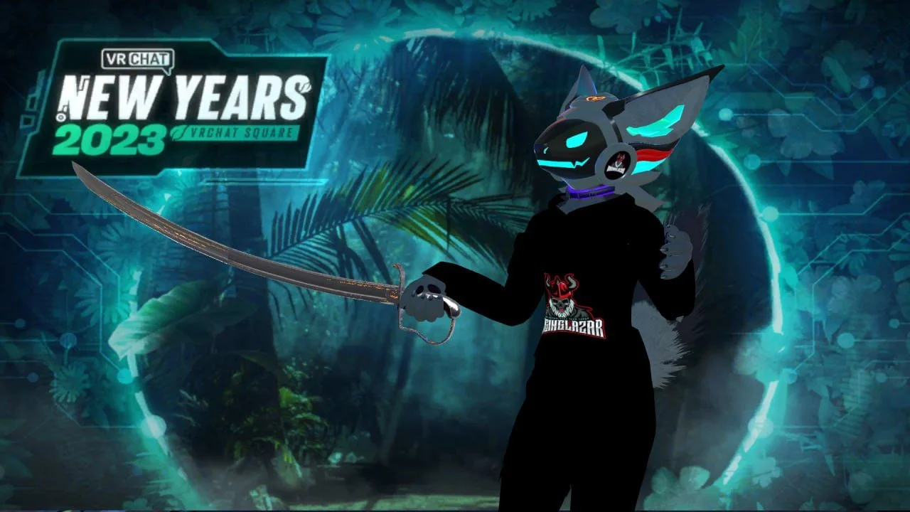 Digital illustration of a humanoid cat character with a futuristic mask, holding a katana, wearing a black hoodie with a red and white graphic, set against a neon jungle background with text 'New Years 2023 VRChat Square'.