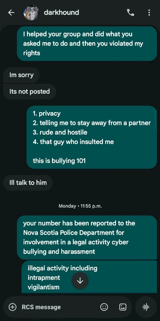 Screenshot of a threatening text message conversation about reporting cyberbullying to the Nova Scotia Police Department.