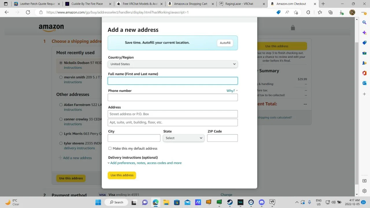 Screenshot of a webpage for adding a new address on Amazon. Pop-up form with fields for country, full name, phone number, street address, city, state, ZIP code, and options to set as default and add delivery instructions.