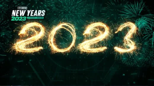 Fireworks display with the numbers '2023' written in light and text in the top left corner reading 'New Years 2023'.