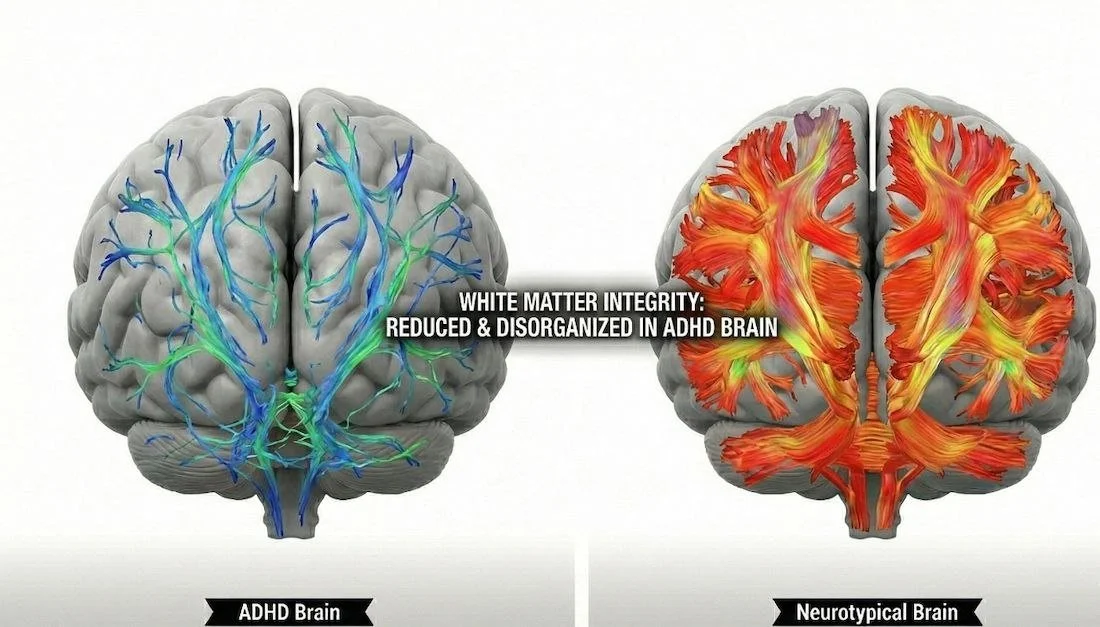Comparison of ADHD brain and typical brain, showing disorganized white matter in ADHD brain with less neural connections, and structured neural pathways in typical brain.