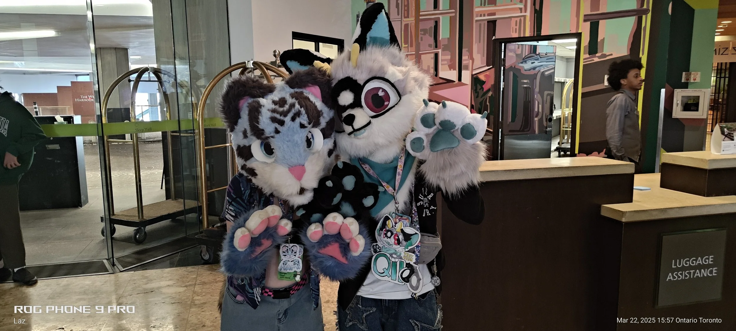 Two people dressed in colorful furry animal costumes, posing together at an indoor location, with one person in a white and black panda costume and the other in a blue tiger or fox costume. They are holding paws and wearing badges, with a mural and a