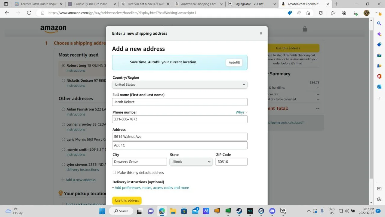 Screenshot of a webpage showing an Amazon shipping address form. The form includes fields for country/region, full name, phone number, address, city, state, and ZIP code, with an option to use the current location for autofill. The address entered is