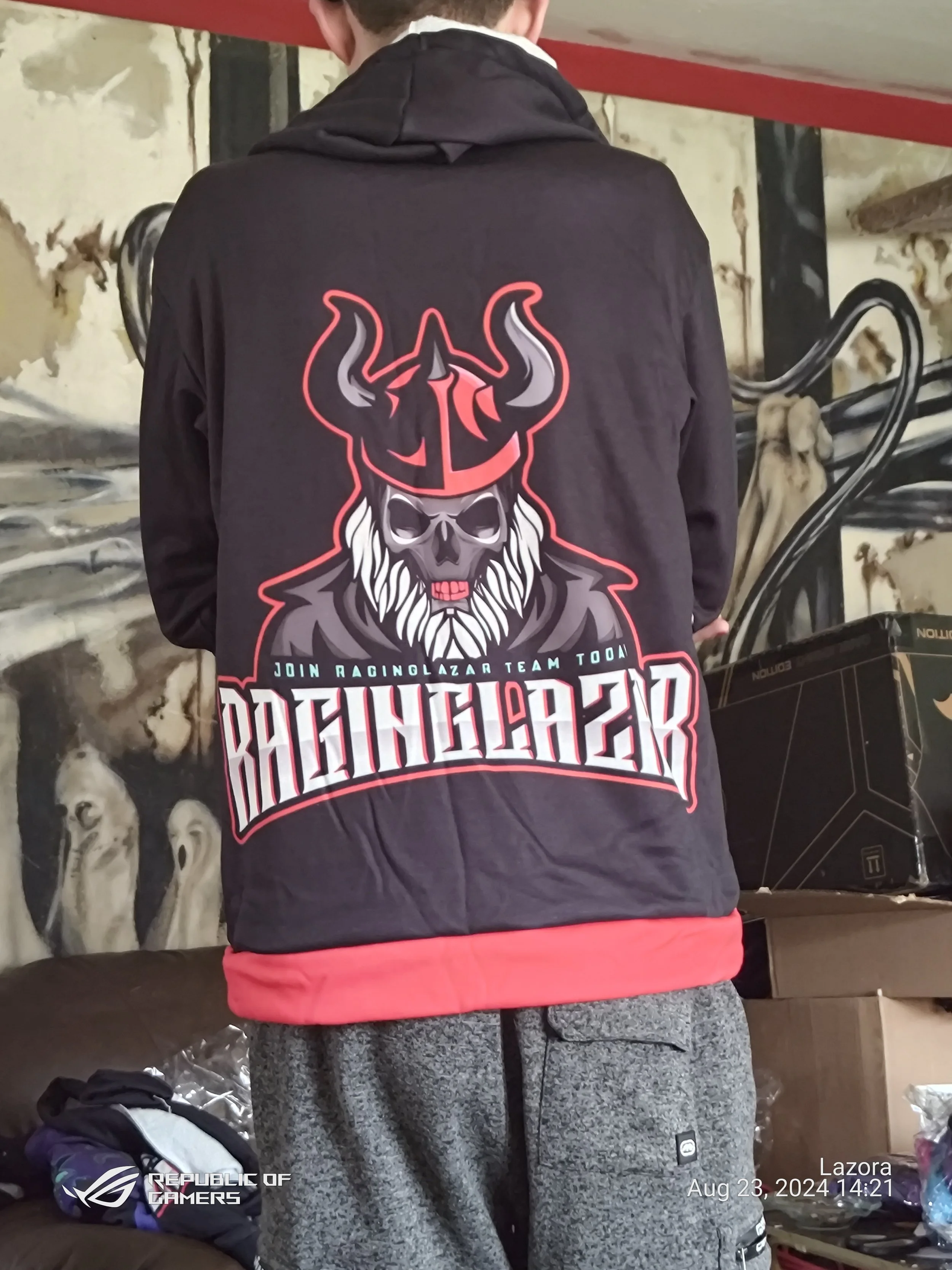 Person wearing a black hoodie with a graphic of a skull wearing a Viking helmet on the back, standing in a room with a wall of animal skulls and bones in the background.