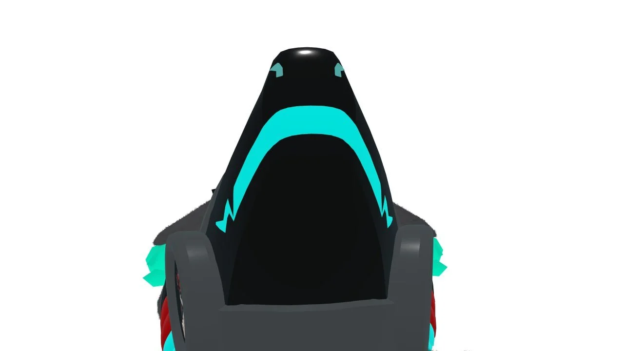 A futuristic virtual reality headset with a sleek black and teal design, viewed from the front.