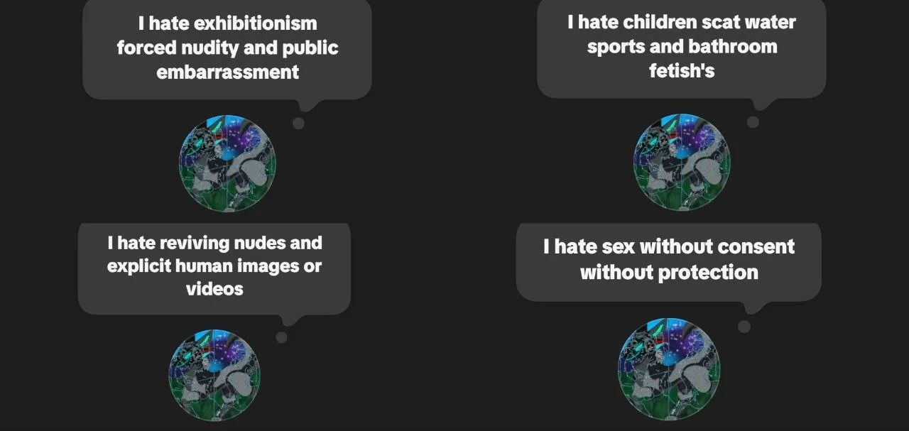 Four circular icons with a black background, each containing a similar colorful, abstract, swirling pattern. Each icon has a speech bubble with text expressing dislikes about various issues, such as exhibitionism, public nudity, scat water sports, ba