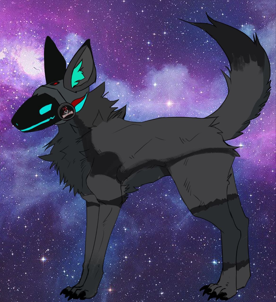 A digital drawing of a black wolf-like creature with glowing blue accents, wearing a futuristic headset, standing in front of a starry galaxy background.