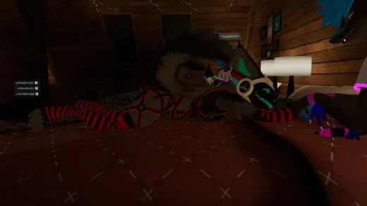A fantasy scene featuring a unicorn with rainbow-colored mane and tail, wearing glasses, lying on a bed in a dimly lit room with wooden walls and a lamp in the background.