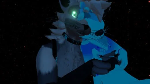 Anthropomorphic wolf character wearing glasses and a collar, holding a game controller, in a space background with stars.