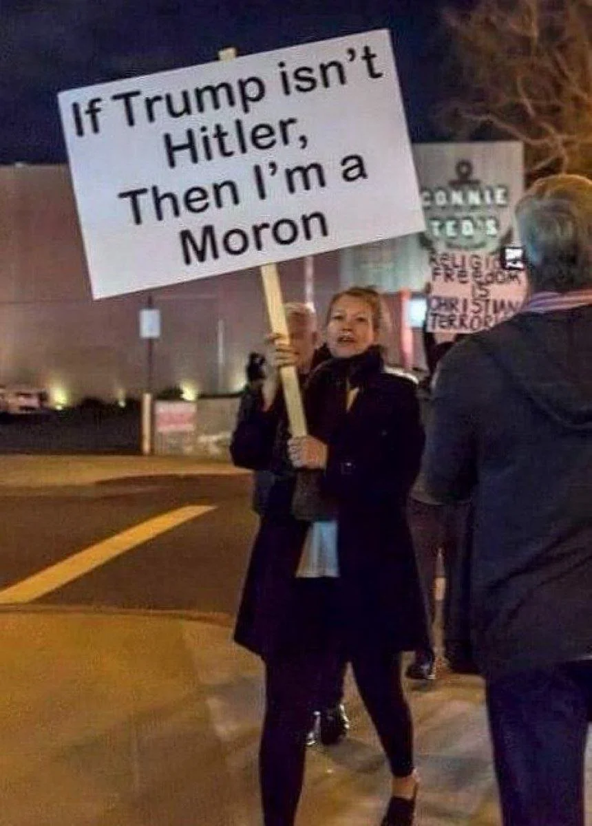 A woman holding a protest sign that reads 'If Trump isn't Hitler, then I'm a Moron' at night. Other protesters are visible in the background.